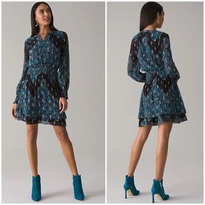 White House Black Market Long-Sleeve Metallic Clip-Dot Blouson Smocked Dress M